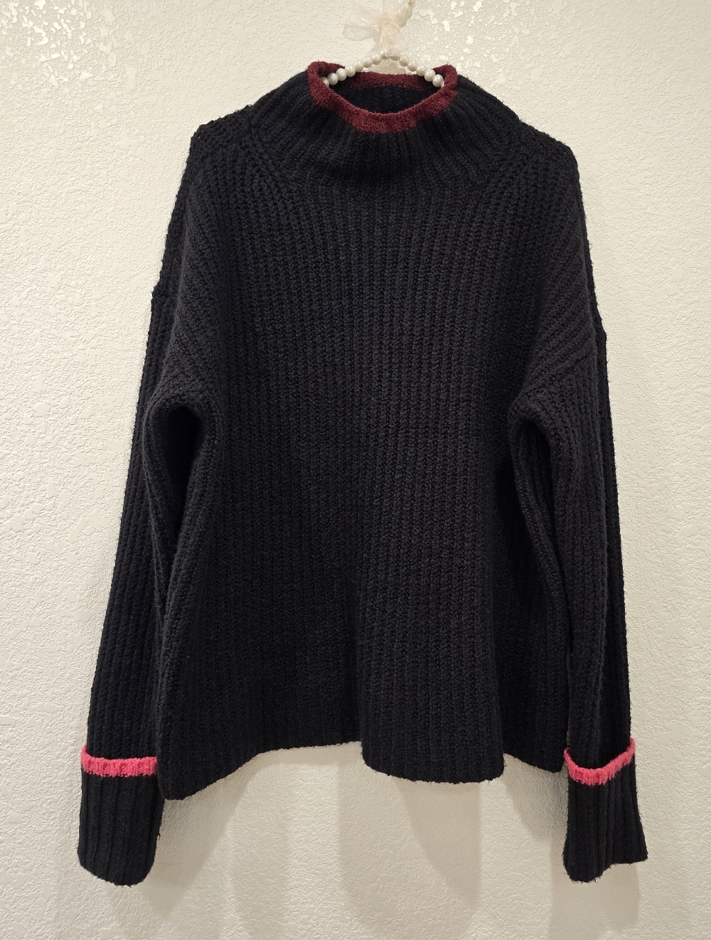 Anthropologie Maeve Black Mock Neck Ribbed Sweater Pink Trim M - Picture 5 of 9